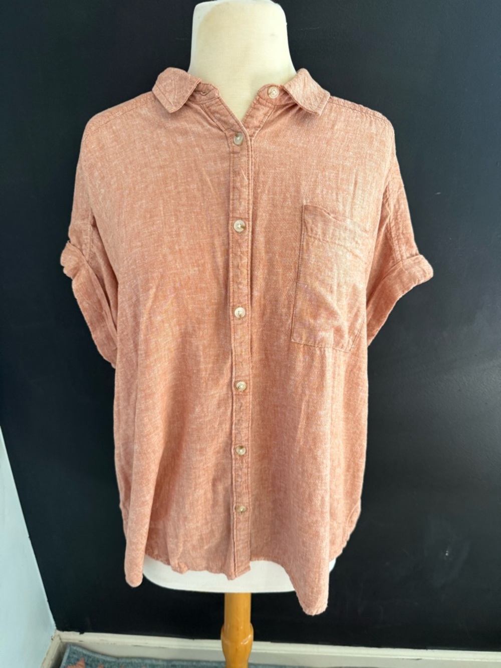Terra & Sky Button-Front Linen blend Tunic in Dusty Peach